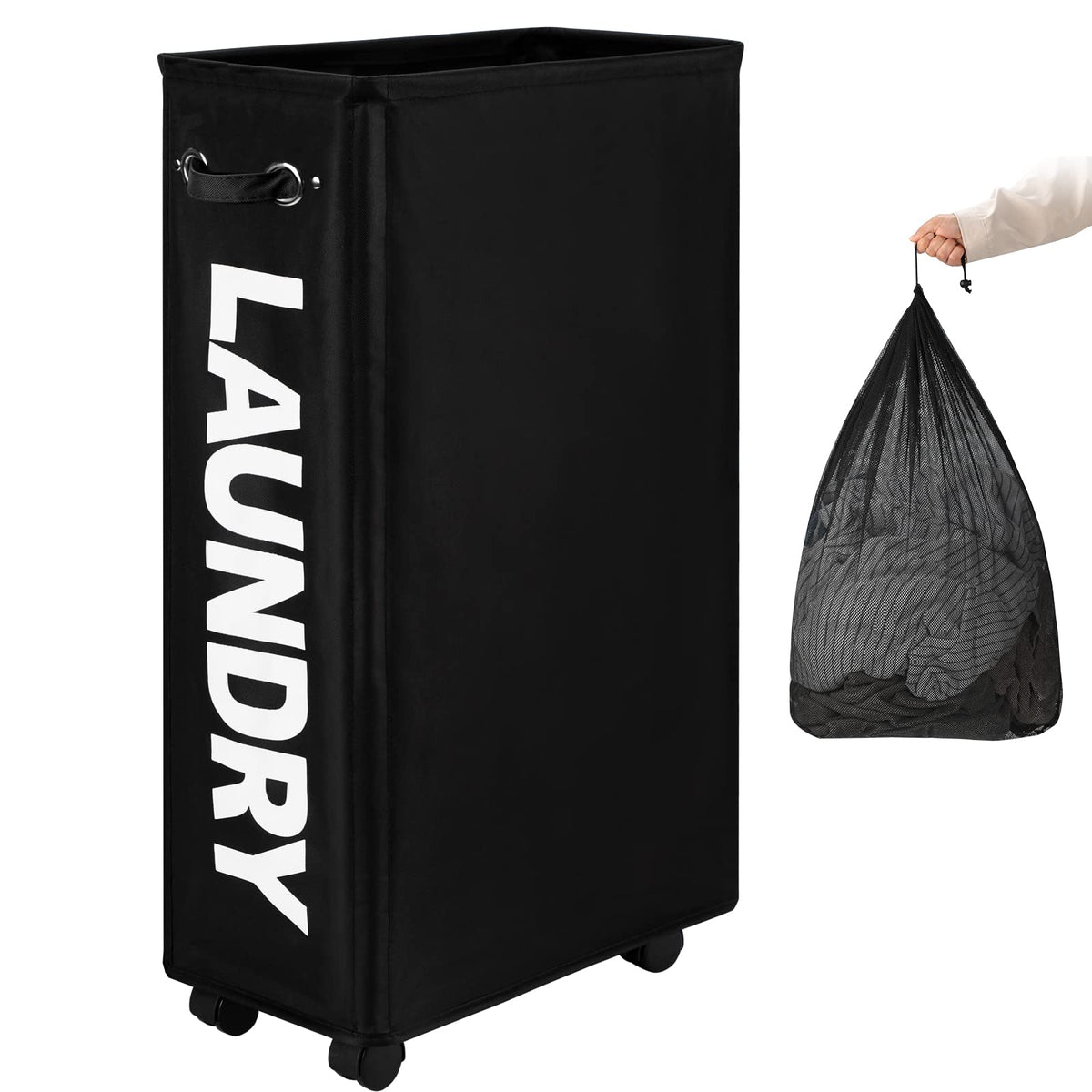 DOKEHOM 52L Slim Rolling Laundry Basket Hamper, Narrow on Wheels, Grey