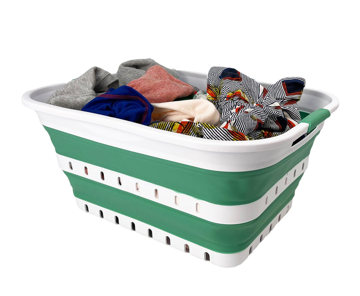 SAMMART 42L (11 gallon) Collapsible Plastic Laundry Basket - Foldable Pop Up Storage Container/Organizer - Space Saving Hamper/Basket (1, White/Dark Grey)