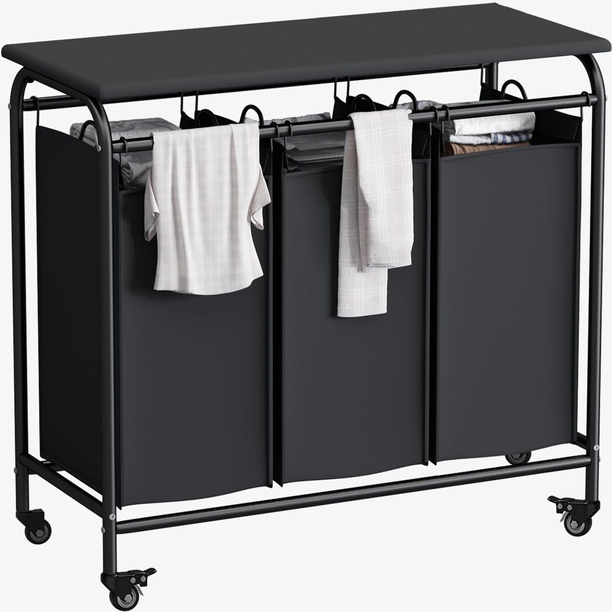 LINZINAR 3 Section Laundry Hamper, Black Laundry Basket 135L Laundry Sorter