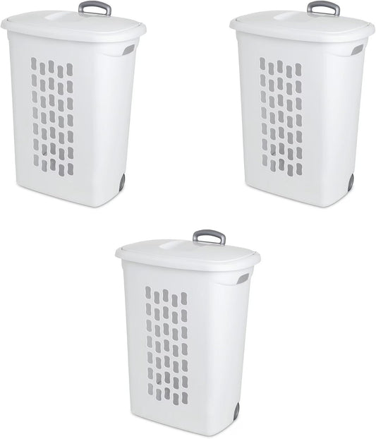 Sterilite Ultra Wheeled Hamper, Laundry Basket w/ Flip-Top Lid, 3-Pack, White