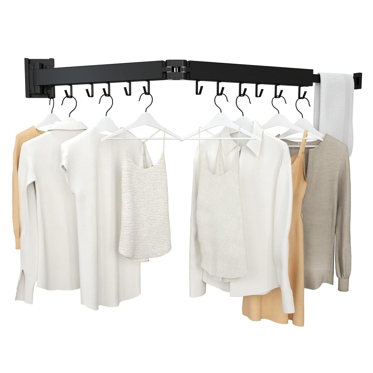 Kelisiting Clothes Drying Rack, Wall Mounted Laundry Drying Rack, Upgrade 3-Fold Foldable Collapsible Retractable Clothing Drying Rack with 12 Dual Hooks Organization for Laundry Room Indoor- Black