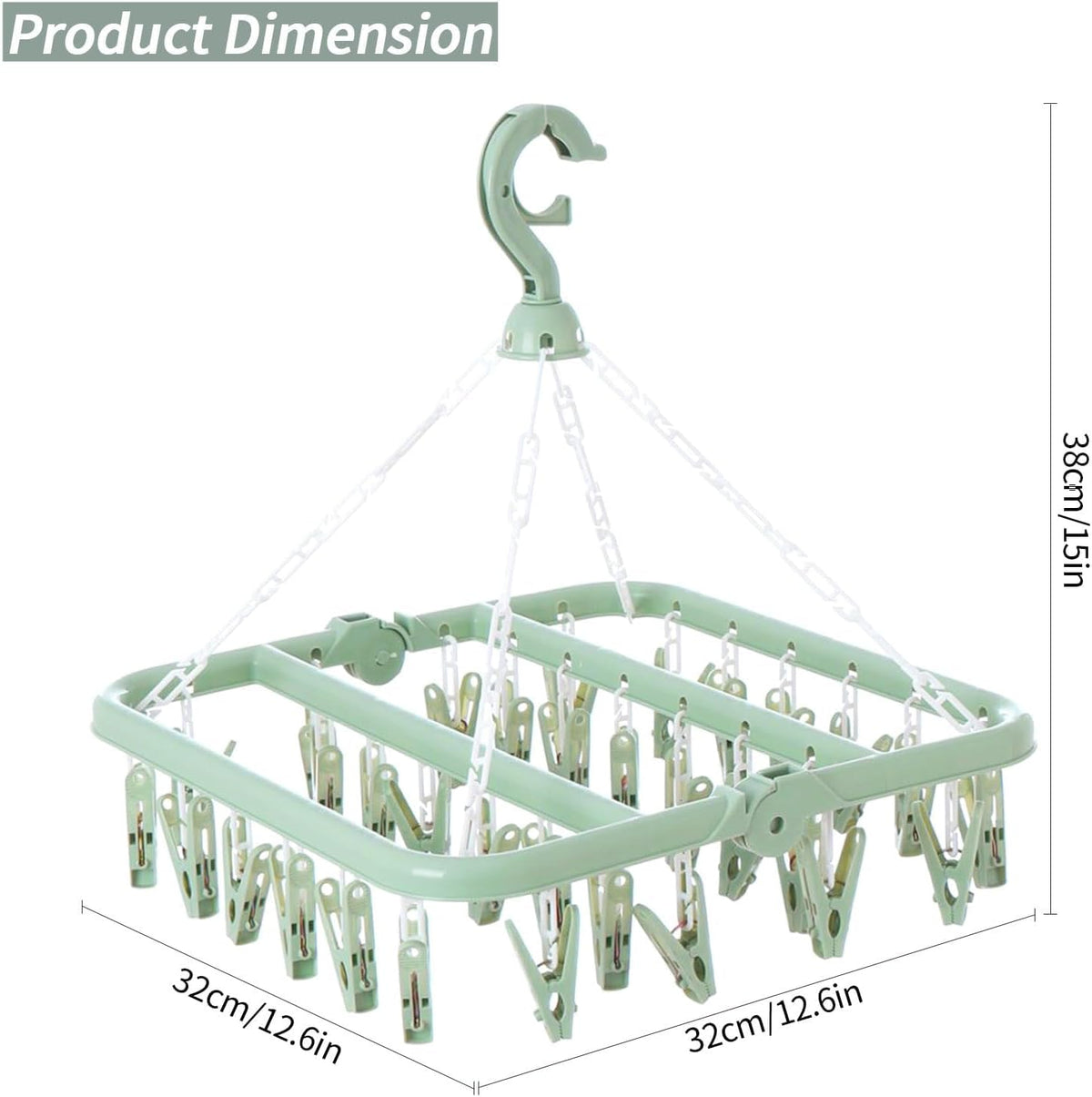 Laundry Drying Rack with 32 Clips, Foldable, Light Green