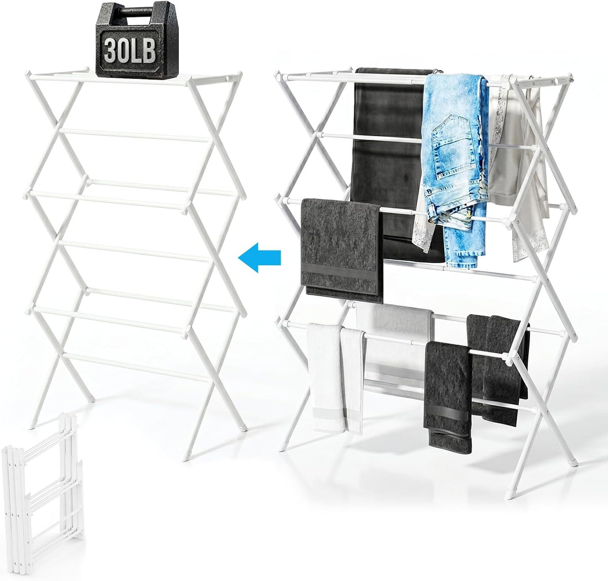 3-Tier Foldable Clothes Drying Rack Adjustable (15.75in-29in W), Laundry Drying Rack Collapsible Easy Assembly, Small Folding Portable Air Dryer for Laundry Indoor Outdoor 40"x29"x13"
