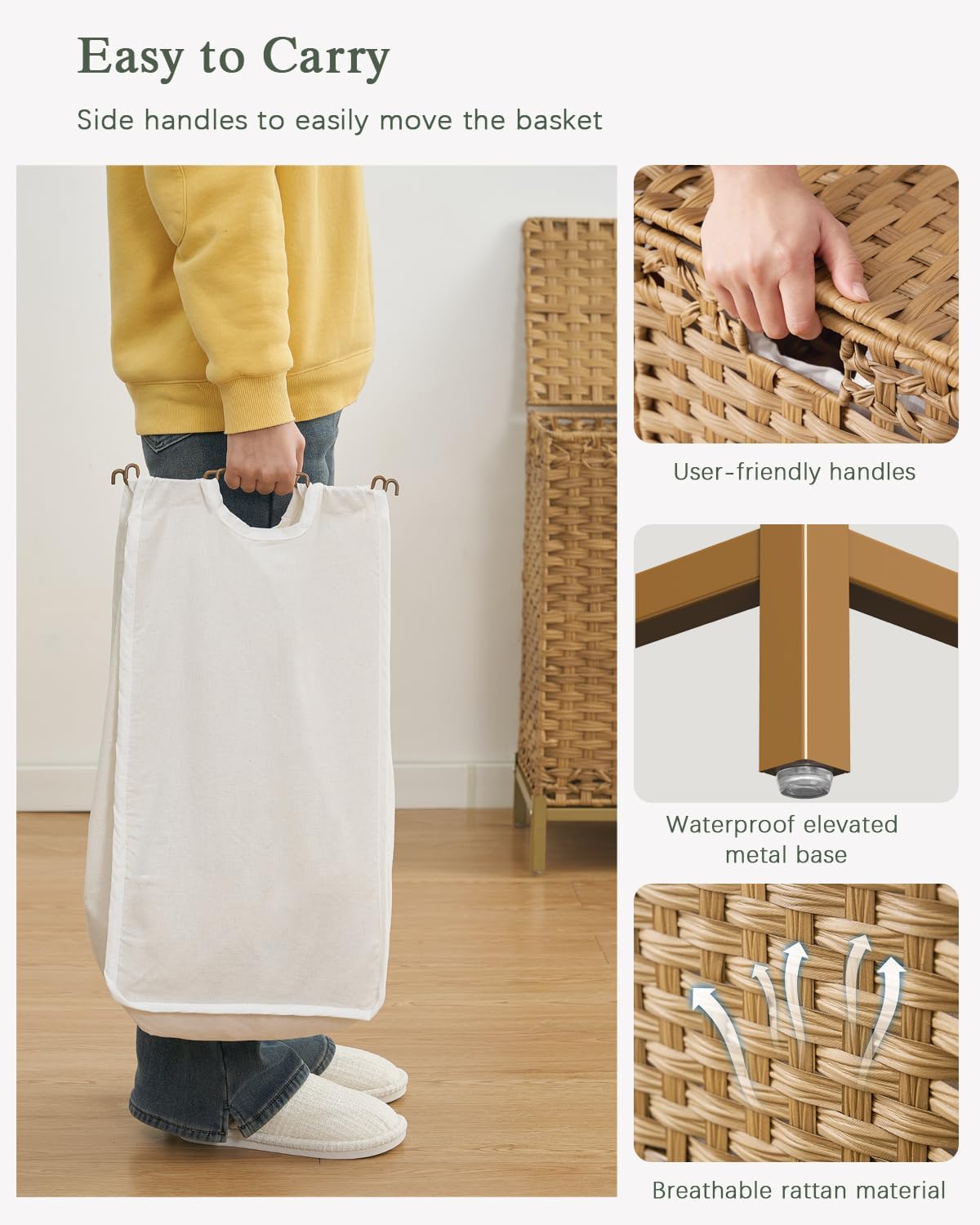 SETVSON Laundry Hamper with Lid, 112 L Handwoven Rattan Wicker Laundry Basket, 2 Removable Liner Bags Metal Heightened Feet, 6 Mesh Bags, 2 Section Large Clothes Hamper for Bathroom Bedroom, Natural
