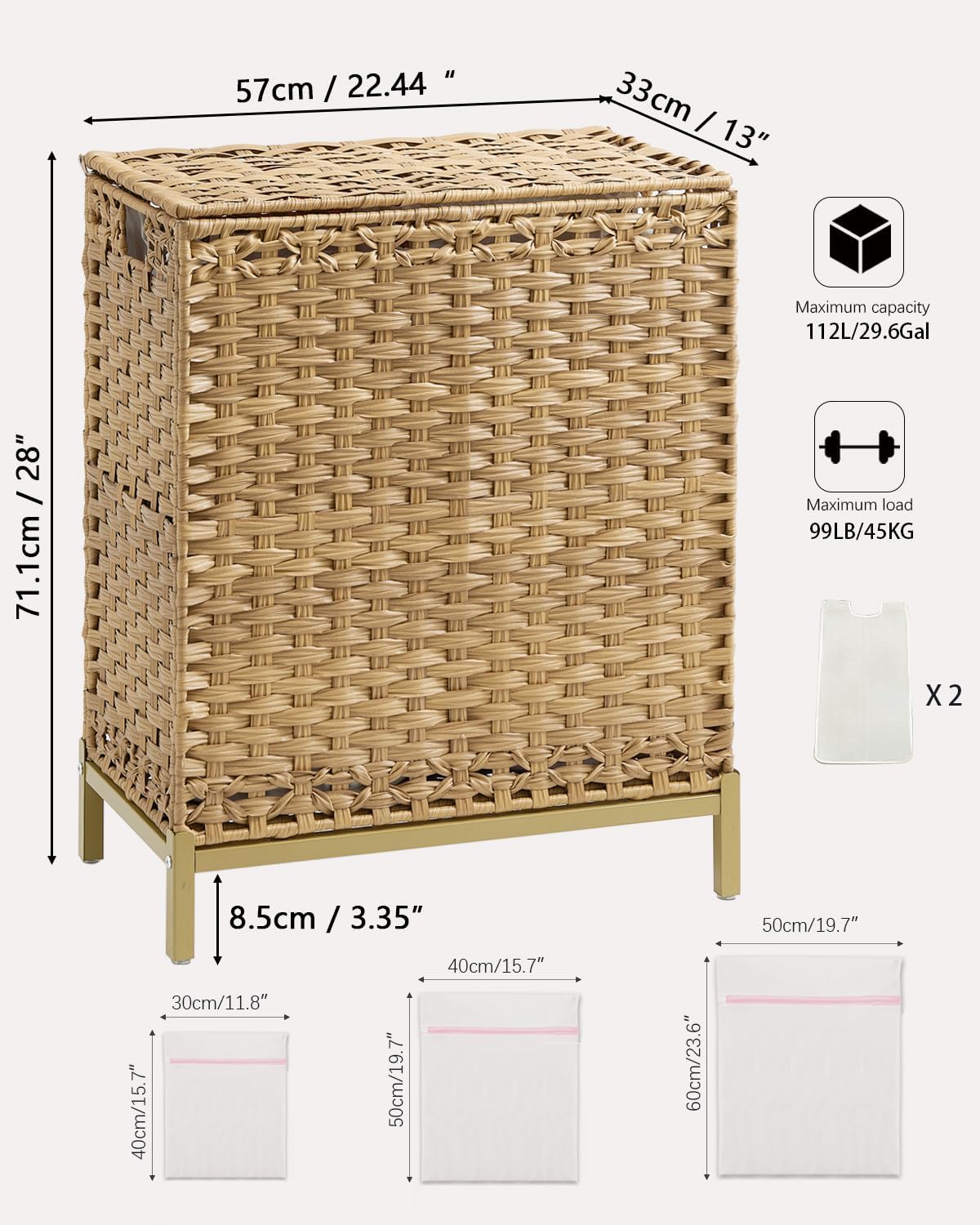SETVSON Laundry Hamper with Lid, 112 L Handwoven Rattan Wicker Laundry Basket, 2 Removable Liner Bags Metal Heightened Feet, 6 Mesh Bags, 2 Section Large Clothes Hamper for Bathroom Bedroom, Natural