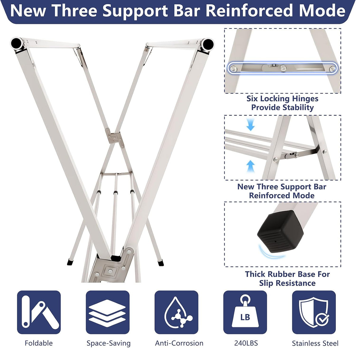 95 inches Foldable Clothes Drying Rack, Stainless Steel Indoor Outdoor Use