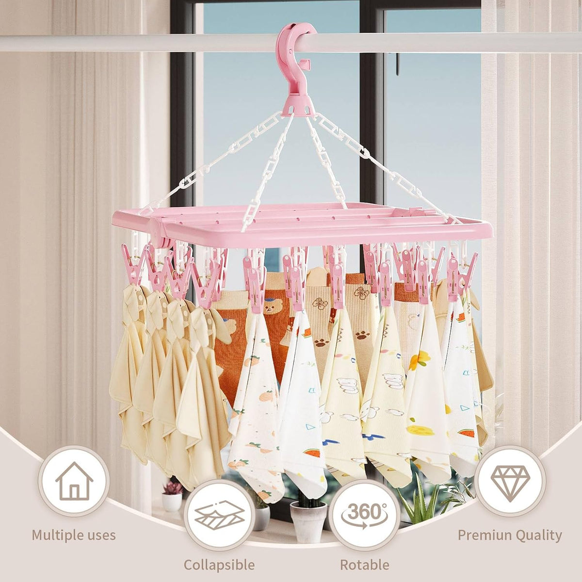 Laundry Drying Rack with 32 Clips, Foldable, Light Green