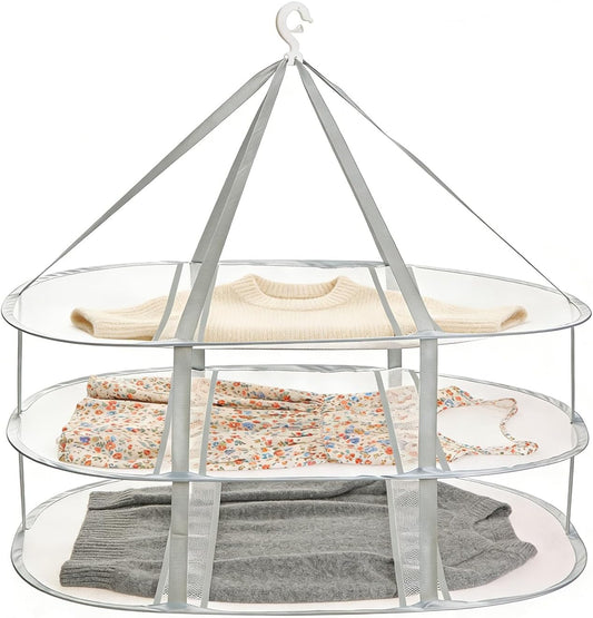 3-Tier Folding Mesh Clothes Drying Rack, Hanging Sweater Dryer for Laundry, Large Foldable Flat Dry Hanger, Portable Mesh Clothes Drying Net for Delicate Garments
