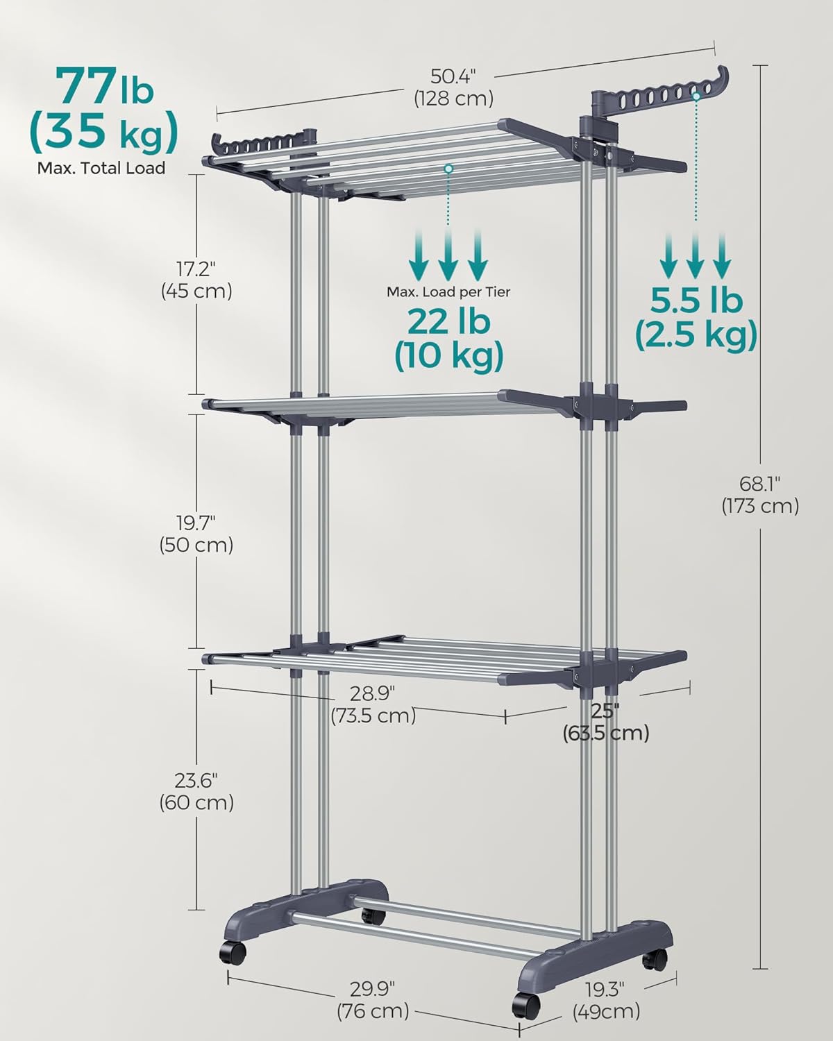 SONGMICS 4-Tier Clothes Drying Rack, Foldable, Rolling, 66.6-Inch Tall