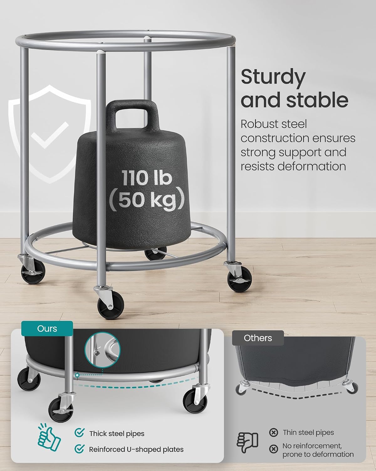 SONGMICS Laundry Basket with Wheels,190L, Steel Frame, Removable Bag
