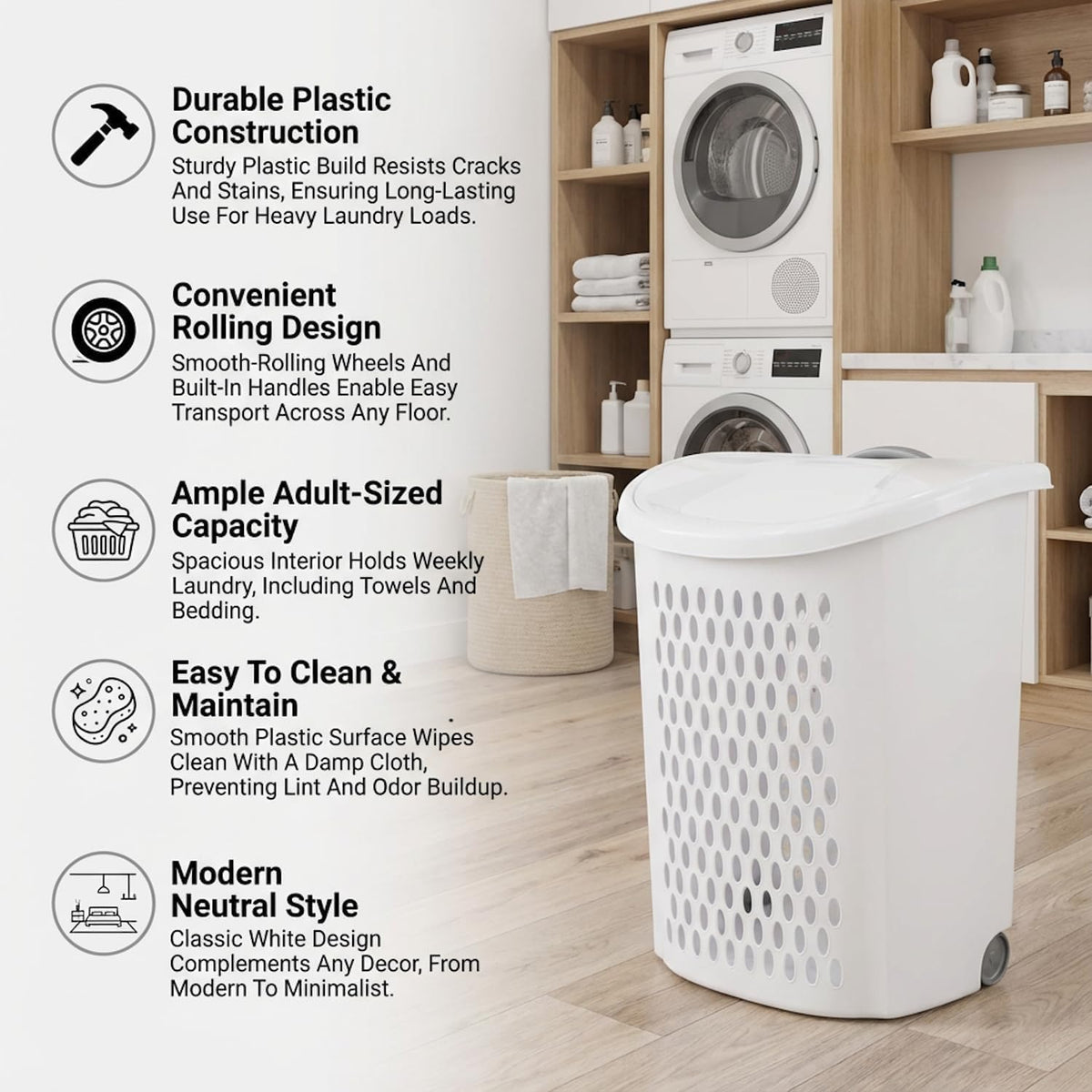 White Wheeled Plastic Laundry Hamper 75L – Adult-Sized Rolling Basket With Handles For Home & Dorms