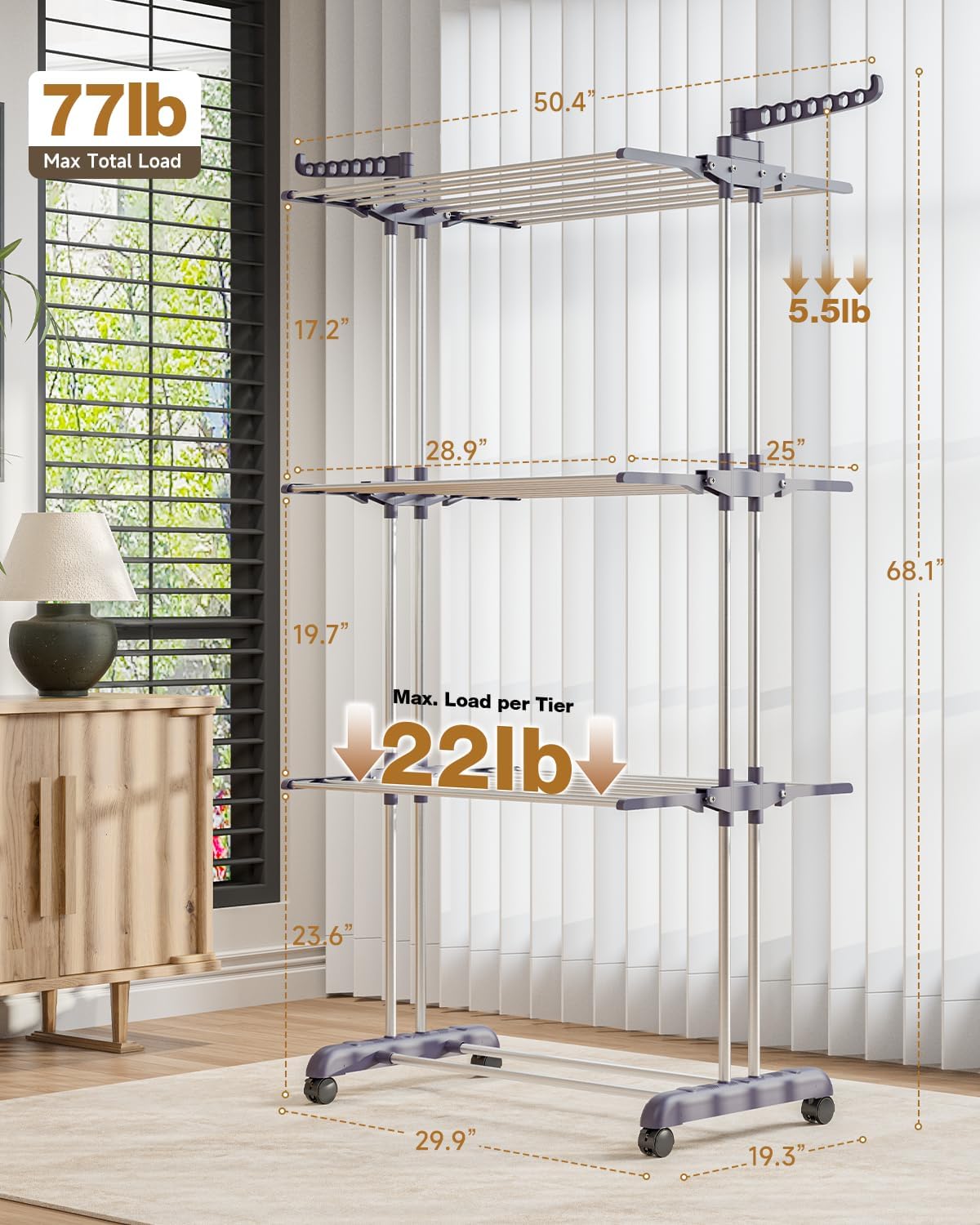 Bigzzia Clothes Drying Rack Folding with Wheels Laundry Rack 4 Tier