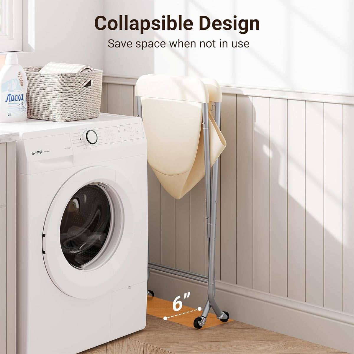 ELYKEN Laundry Basket with Wheels, Collapsible Laundry Hamper, Cream