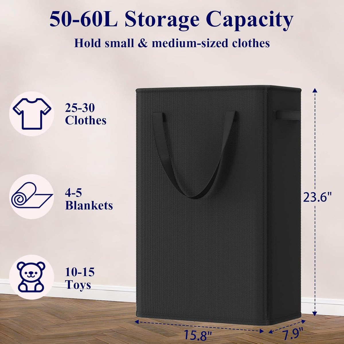 Optish 50L Slim Laundry Hamper, Small Laundry Basket With Handles, Black Narrow Laundry Basket for Dorm, Bedroom, Living Room, Collapsible Laundry Hamper