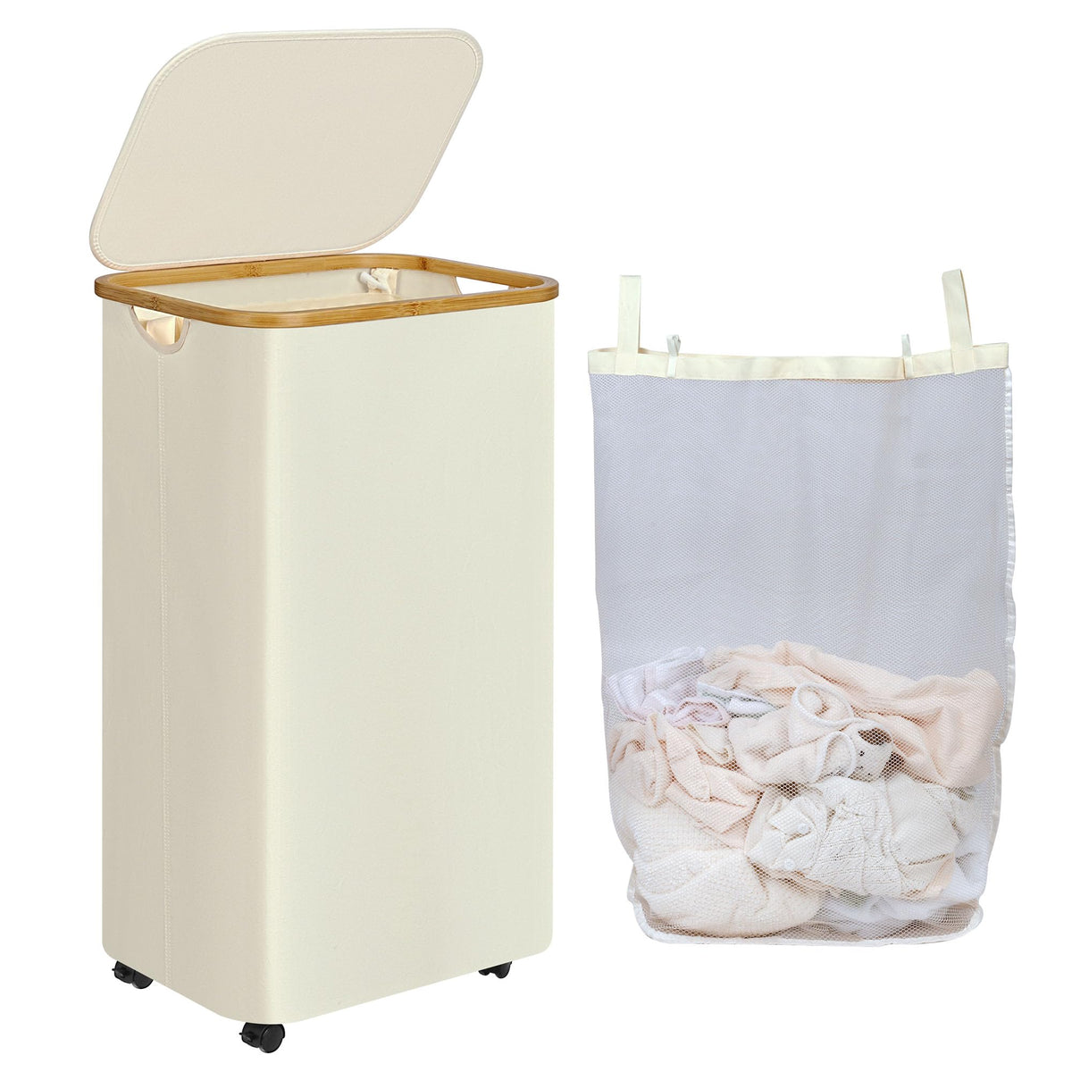 iEGrow Laundry Hamper with Lid,75L Hamper with Wheels & Removable Bag,Slim Laundry Basket on Wheels with Bamboo Frame,Foldable Rolling Clothes Hamper for Bedroom Dorm,Beige