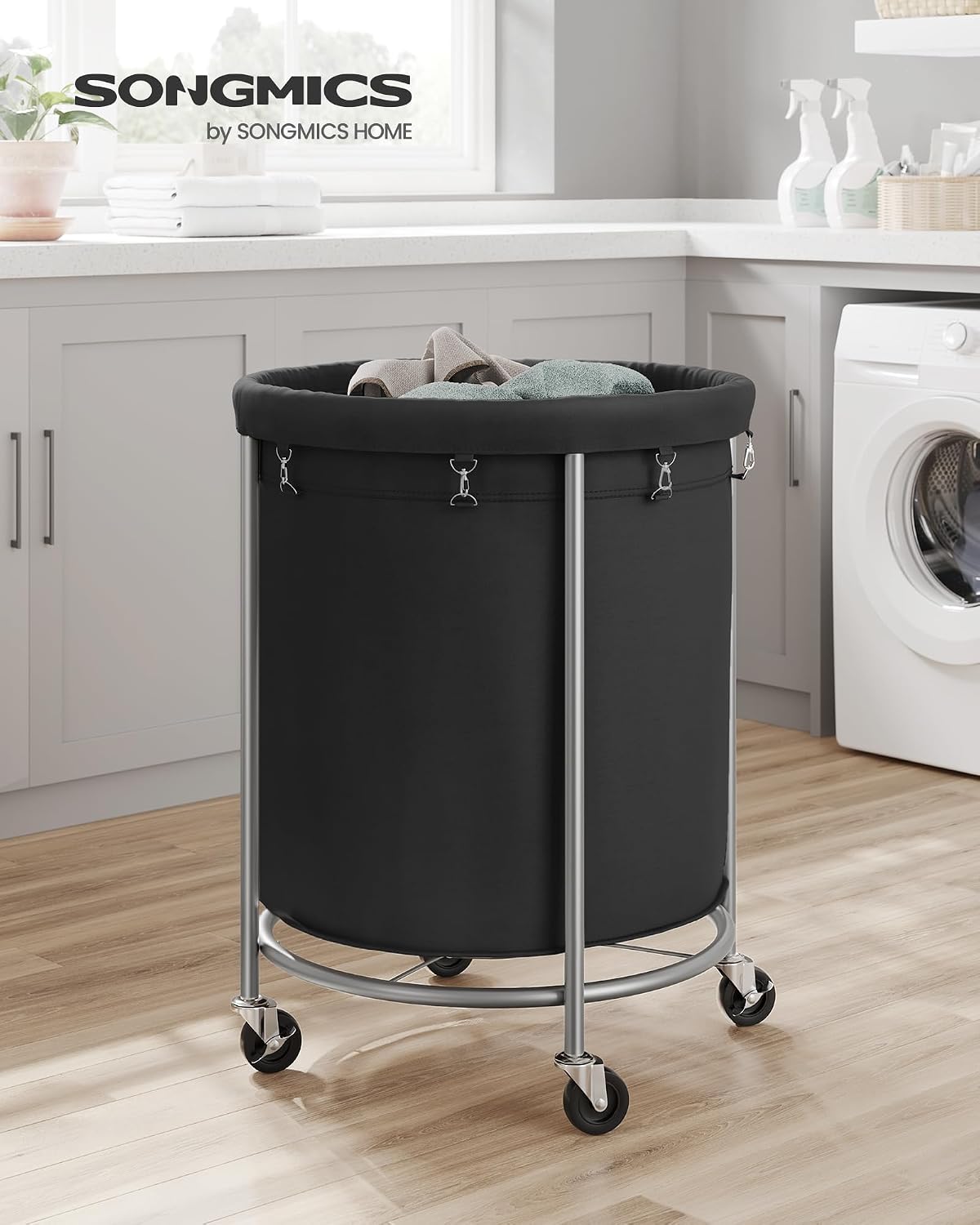 SONGMICS Laundry Basket with Wheels,190L, Steel Frame, Removable Bag