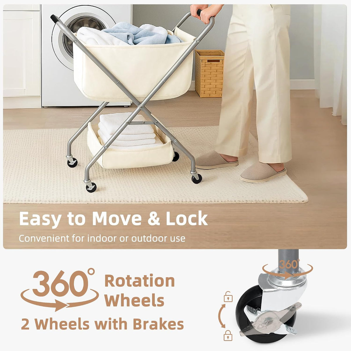 STORAGE MANIAC Collapsible Laundry Cart with Wheels 31.5"H Rolling Laundry Hamper Clothes Basket with Wheels, Canvas Liner Sturdy Steel Frame Folding for Small Narrow Space Easy Storage, Beige