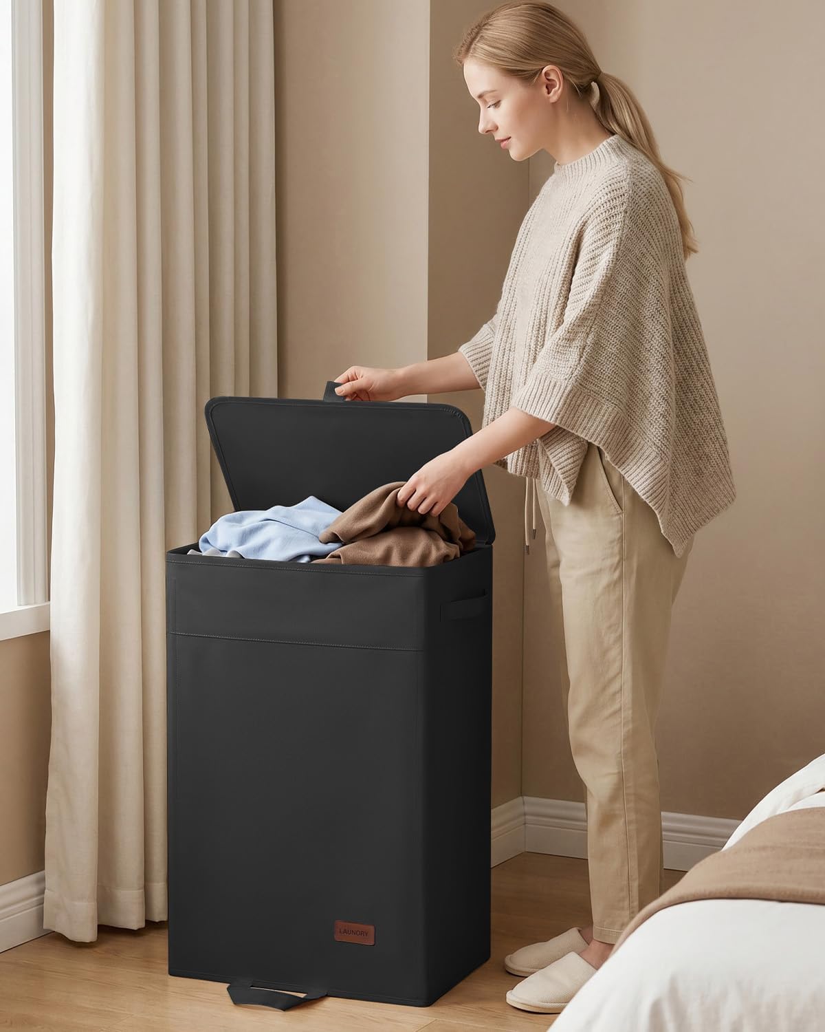 85L Laundry Hamper with Lid, Large Clothes Hamper, Black