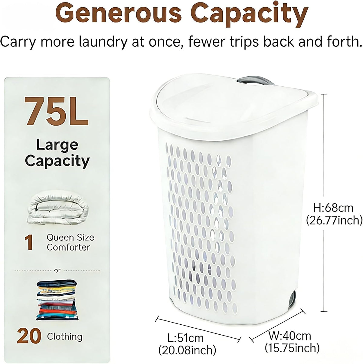 White Wheeled Plastic Laundry Hamper 75L – Adult-Sized Rolling Basket With Handles For Home & Dorms