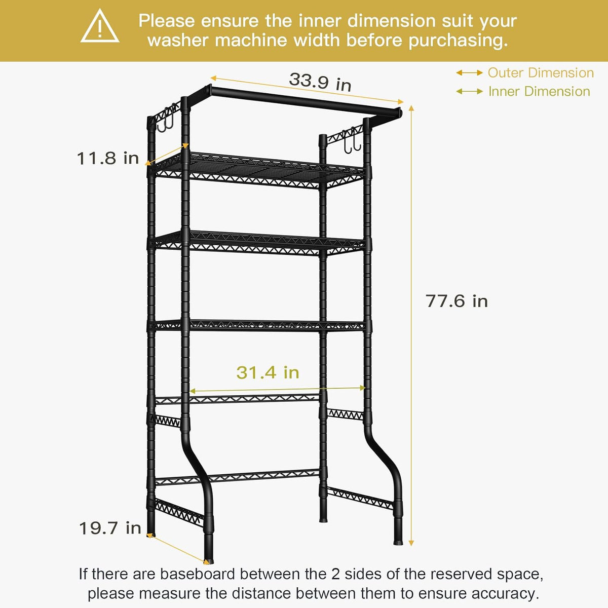 Ulif U11 Over Washer and Dryer Shelves, 3 Tiers Laundry Room Storage and Organizer Standing Shelf, Metal Freestanding Clothes Drying Rack, 33.9" W x 19.7" D x 77.6" H, Black