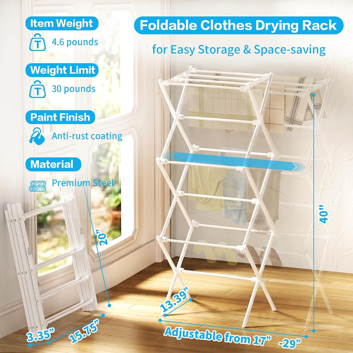 3-Tier Foldable Clothes Drying Rack Adjustable (15.75in-29in W), Laundry Drying Rack Collapsible Easy Assembly, Small Folding Portable Air Dryer for Laundry Indoor Outdoor 40"x29"x13"