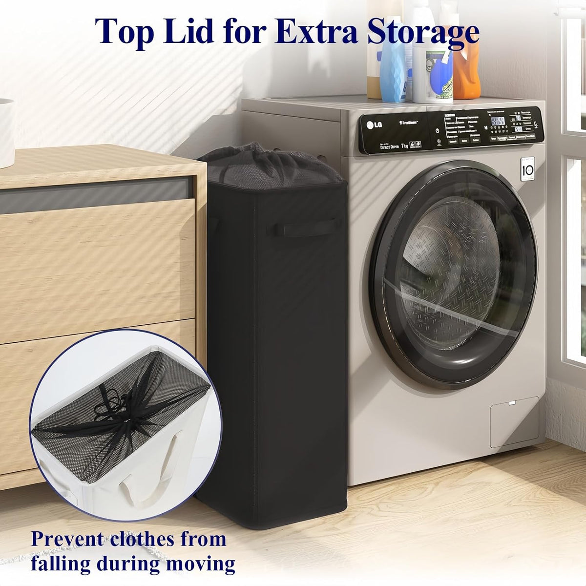 Optish 50L Slim Laundry Hamper, Small Laundry Basket With Handles, Black Narrow Laundry Basket for Dorm, Bedroom, Living Room, Collapsible Laundry Hamper