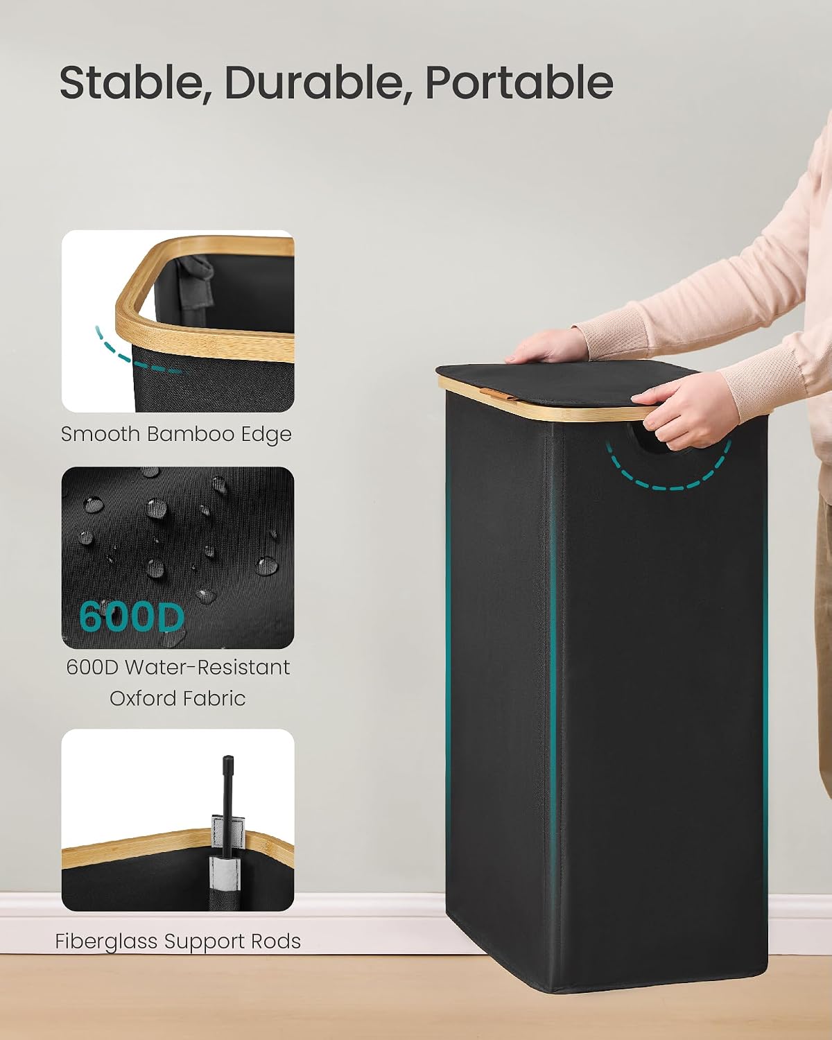 SONGMICS Laundry Hamper with Lid, 100L Laundry Basket, Bamboo Frame