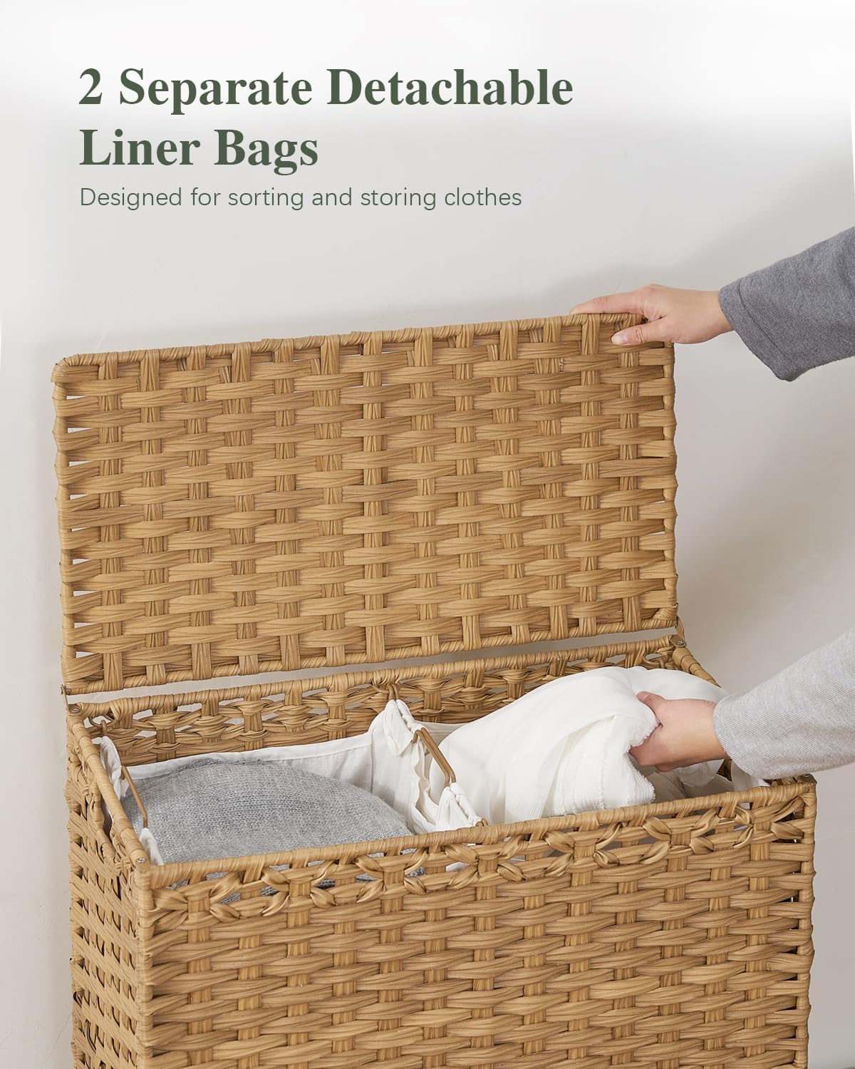 SETVSON Laundry Hamper with Lid, 112 L Handwoven Rattan Wicker Laundry Basket, 2 Removable Liner Bags Metal Heightened Feet, 6 Mesh Bags, 2 Section Large Clothes Hamper for Bathroom Bedroom, Natural
