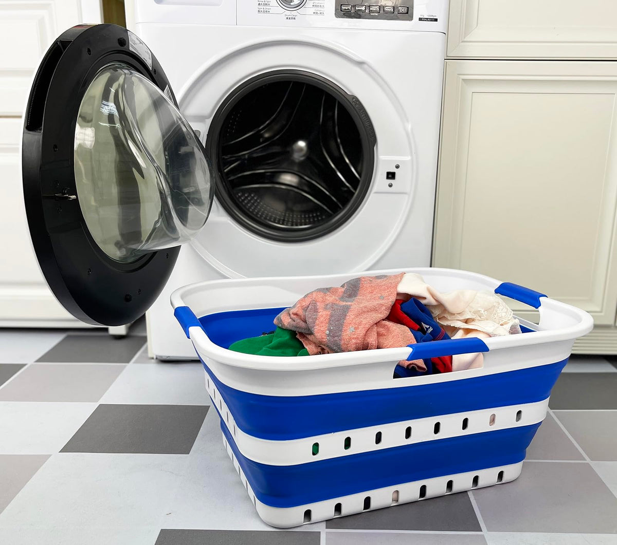 SAMMART 42L (11 gallon) Collapsible Plastic Laundry Basket - Foldable Pop Up Storage Container/Organizer - Space Saving Hamper/Basket (1, White/Dark Grey)