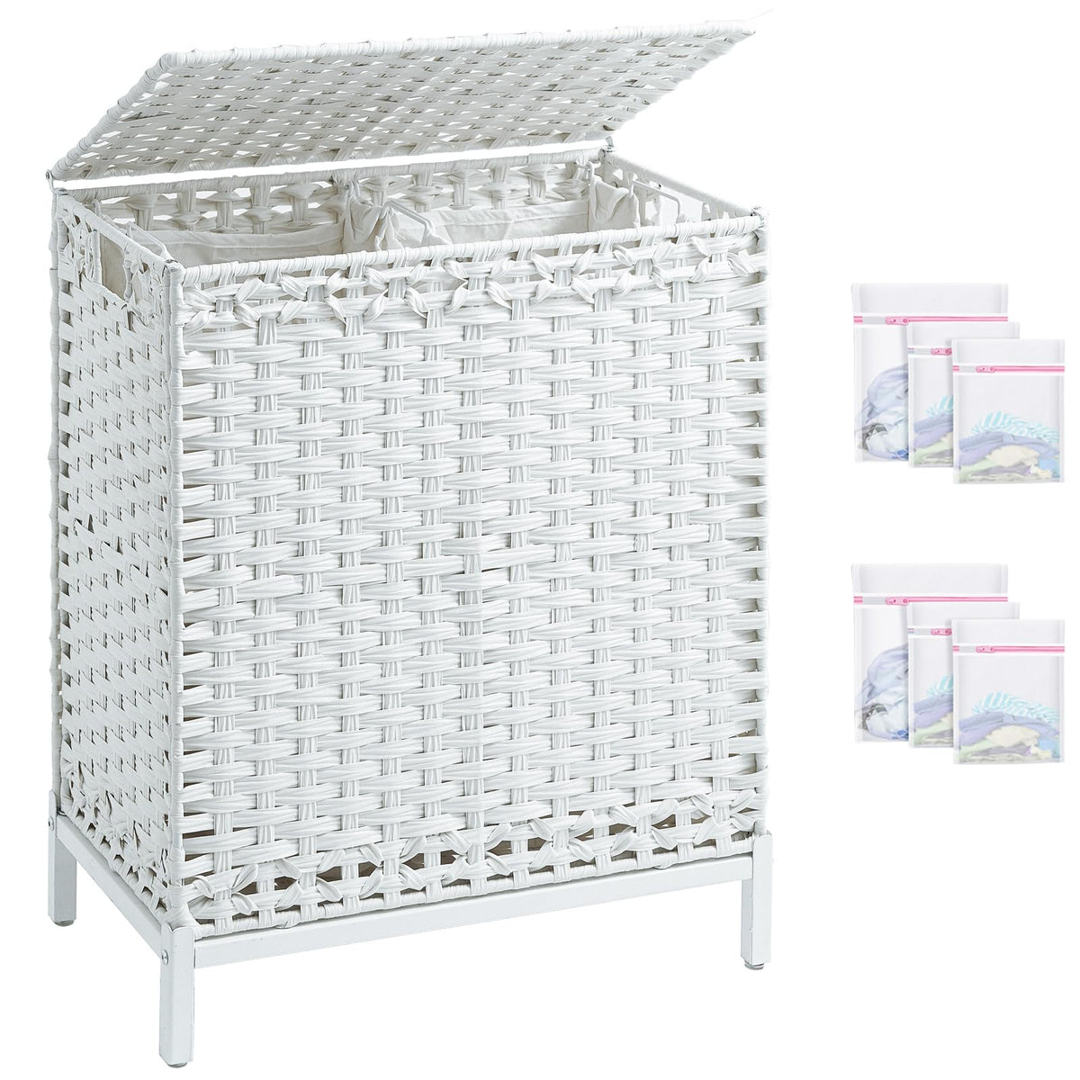 SETVSON Laundry Hamper with Lid, 112 L Handwoven Rattan Wicker Laundry Basket, 2 Removable Liner Bags Metal Heightened Feet, 6 Mesh Bags, 2 Section Large Clothes Hamper for Bathroom Bedroom, Natural