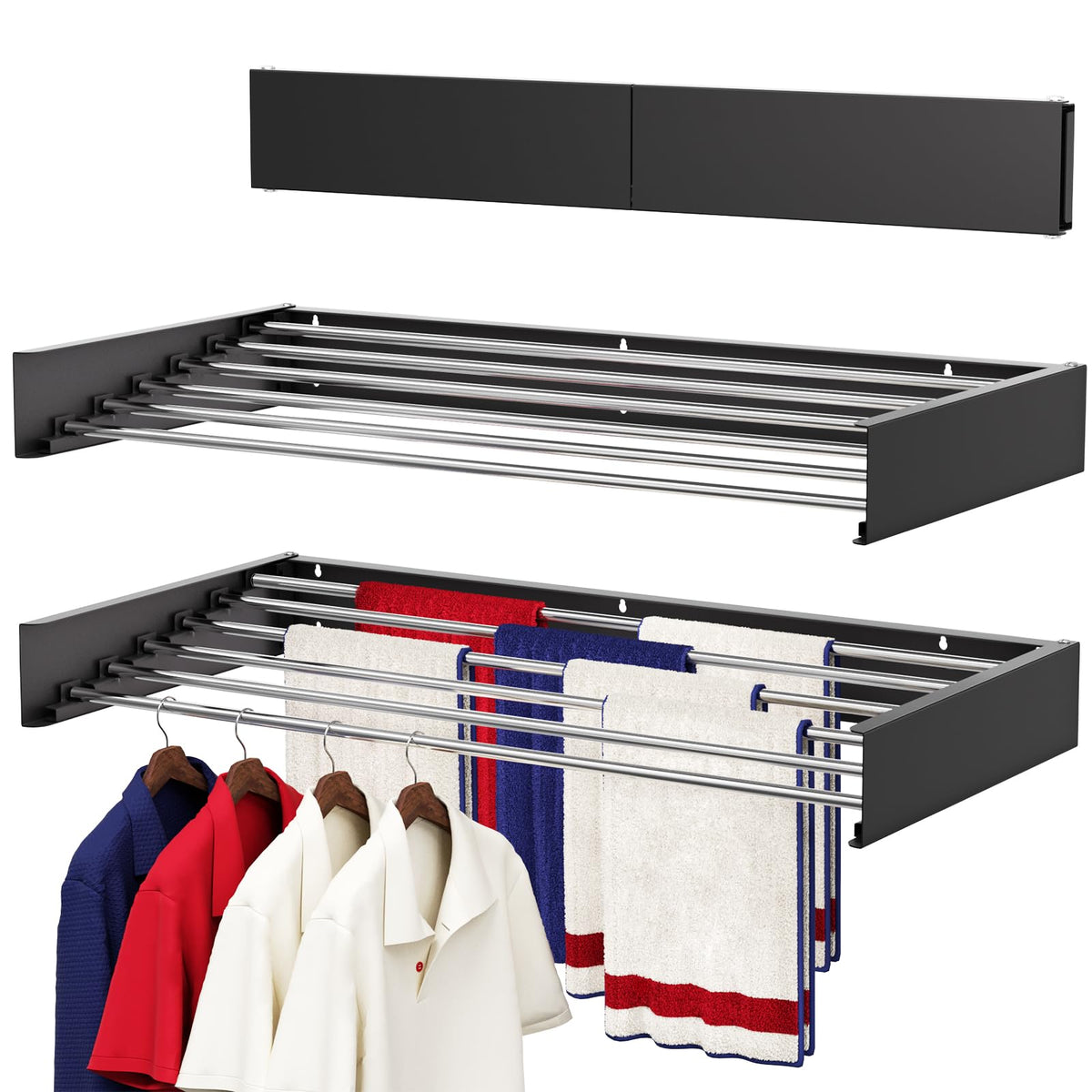 Wall Mounted Drying Rack 31.5", Foldable Laundry Drying Rack with Stainless Steel Rods, Retractable Laundry Space Saver for Indoor & Outdoor Use, Include Wall Template