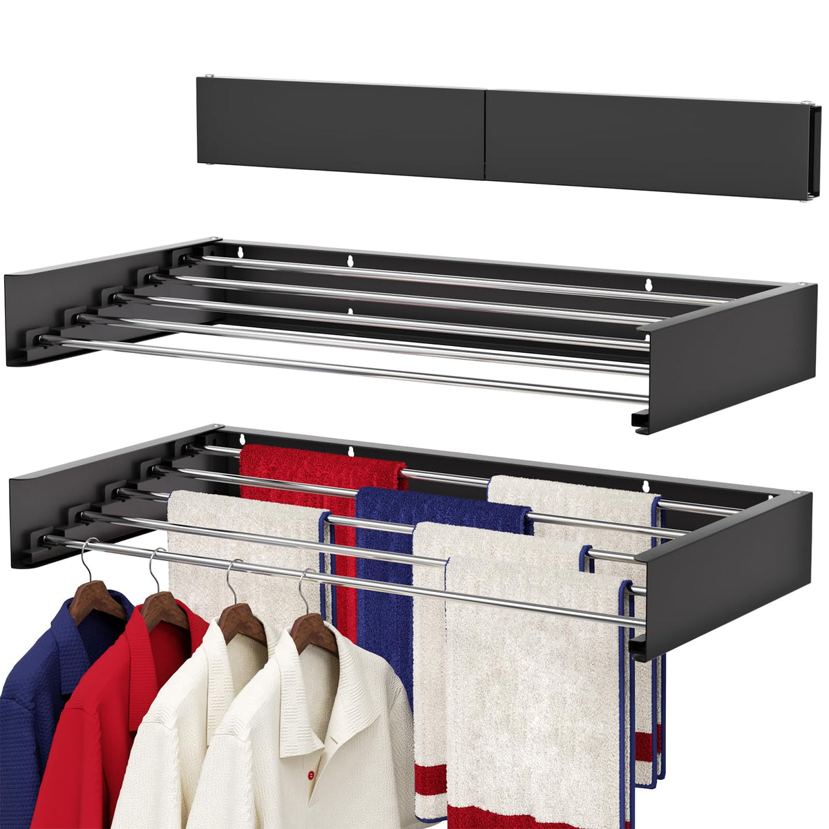 Wall Mounted Drying Rack 31.5", Foldable Laundry Drying Rack with Stainless Steel Rods, Retractable Laundry Space Saver for Indoor & Outdoor Use, Include Wall Template
