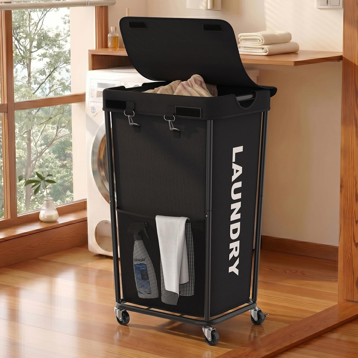 Laundry Hamper with Wheels and Lid, 150L Large Rolling Laundry Basket Black