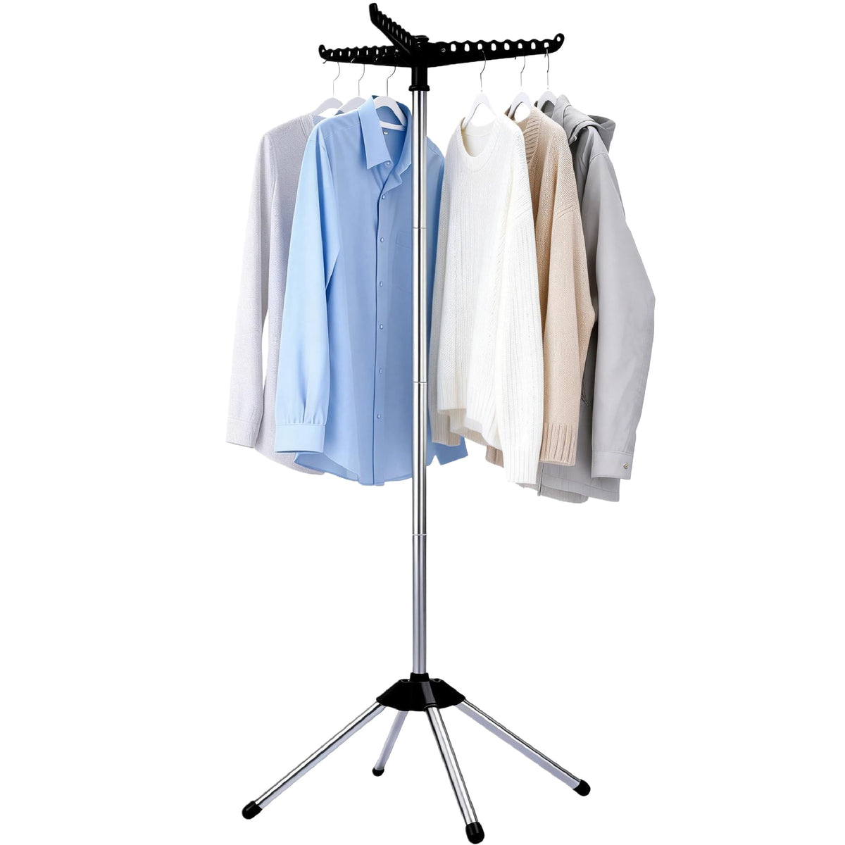 Beaudaily Clothes Drying Rack, Foldable Laundry Drying Rack, Indoor 59-Inch Drying Rack Clothing with 3 Rotatable Arms, Stainless Steel, Holds 27 Pieces, Space Saving, Portable, White and Silver