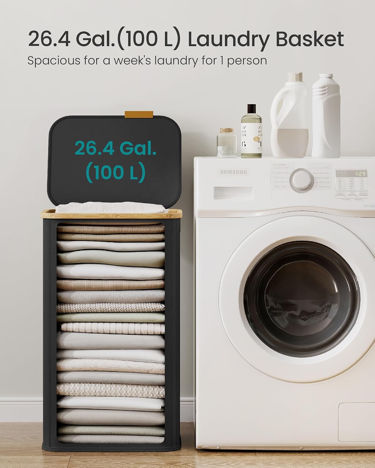 SONGMICS Laundry Hamper with Lid, 100L Laundry Basket, Bamboo Frame