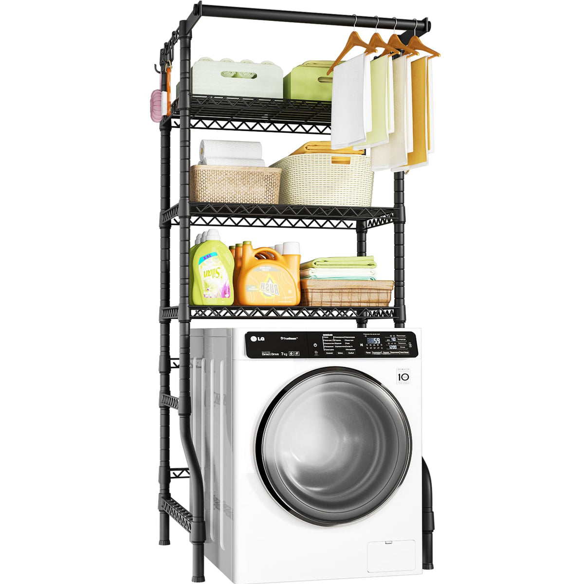 Ulif U11 Over Washer and Dryer Shelves, 3 Tiers Laundry Room Storage and Organizer Standing Shelf, Metal Freestanding Clothes Drying Rack, 33.9" W x 19.7" D x 77.6" H, Black