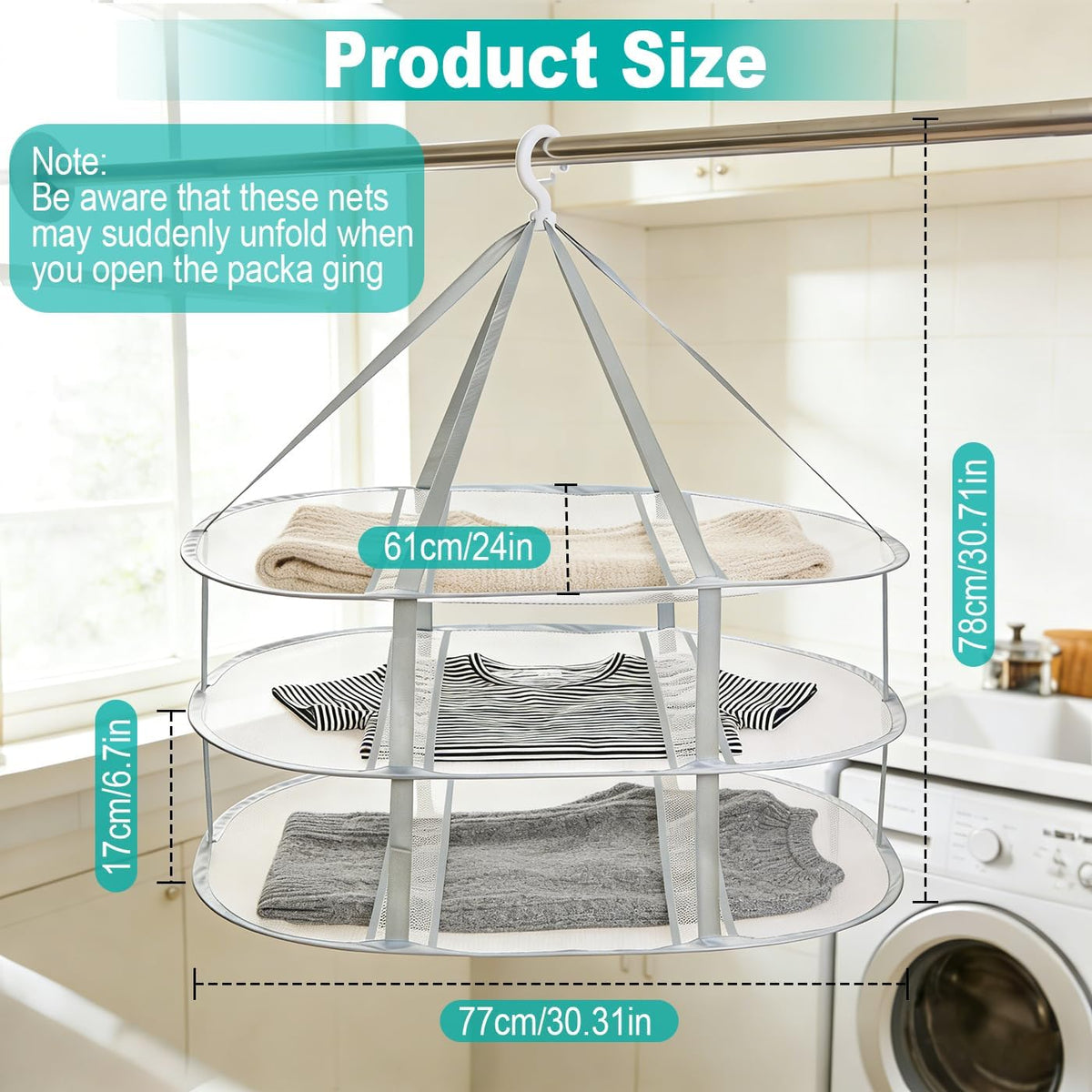 3-Tier Folding Mesh Clothes Drying Rack, Hanging Sweater Dryer for Laundry, Large Foldable Flat Dry Hanger, Portable Mesh Clothes Drying Net for Delicate Garments