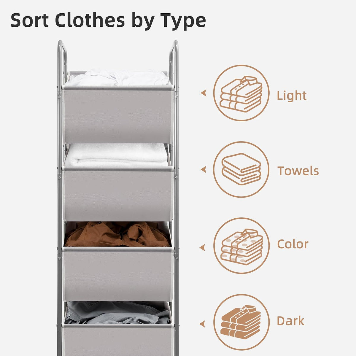 STORAGE MANIAC Vertical Rolling Laundry Hamper, 4 Section Laundry Sorter with Wheels and 2 Breaks, 4-tier Laundry Baskets for Small Space, Dorm, Laundry Room, Closet, Bathroom, Gray 4-tier