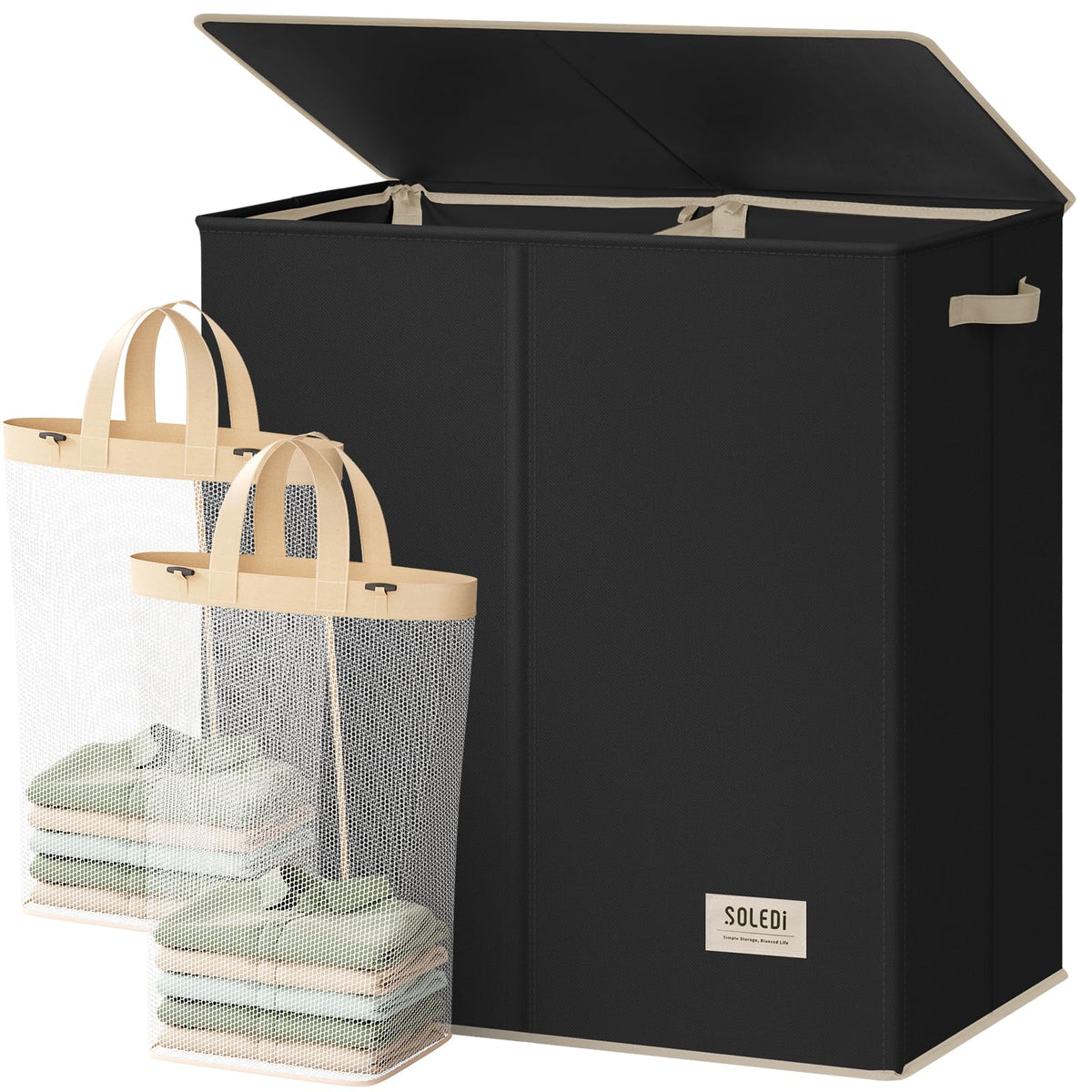 SOLEDI Luxury Double Laundry Hamper with Lid and Removable Bags, 38.3 Gal Large Laundry Bin, Laundry Basket 2 Sections, Collapsible Clothes Hamper for Bedroom, Laundry Room, Bathroom, Off-white