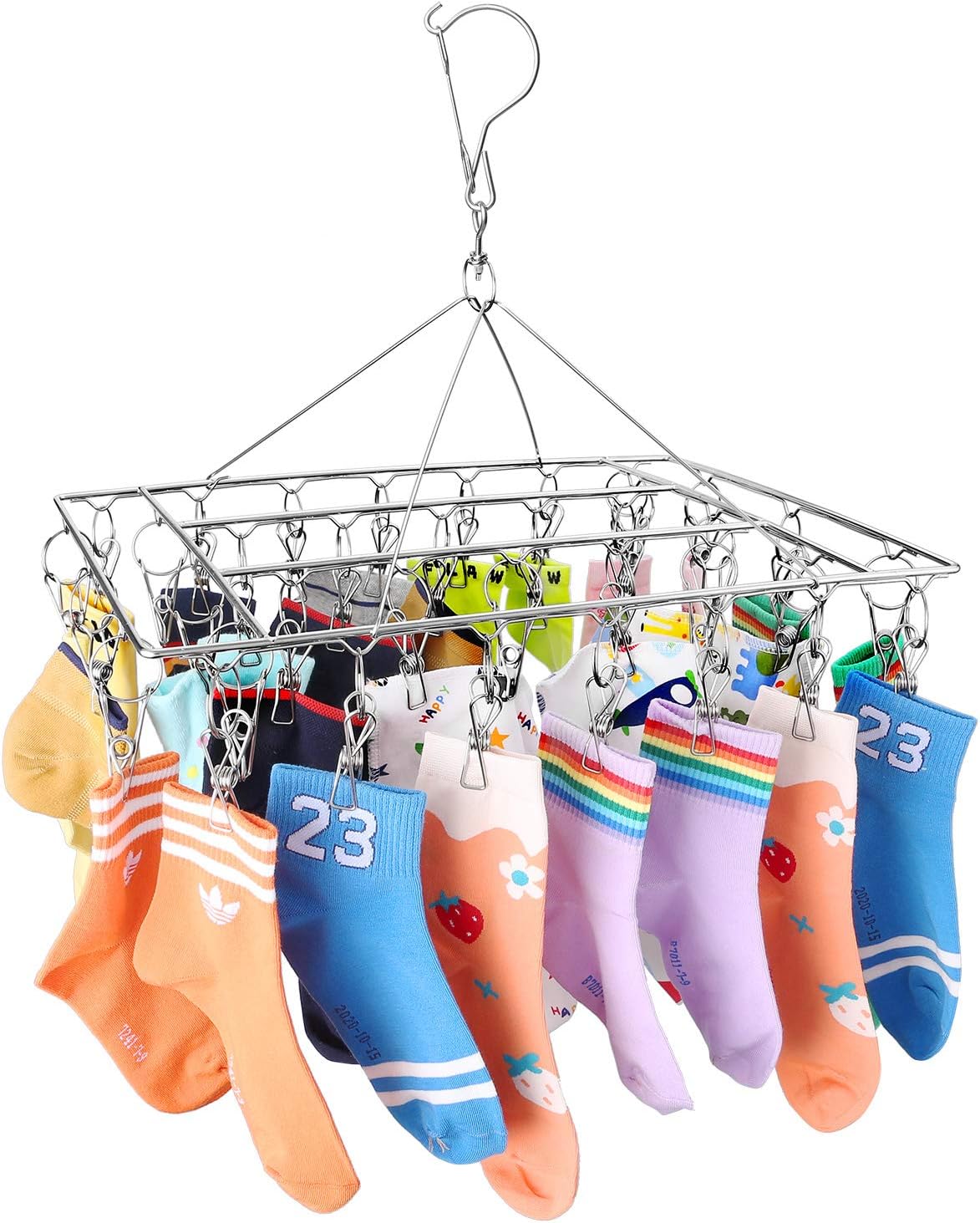Stainless Steel Sock Drying Rack with 36 Clips, Swivel Hook Wind-Proof Clothes Hanger Rack for Sock, Bras, Underwear, Laundry Accessories
