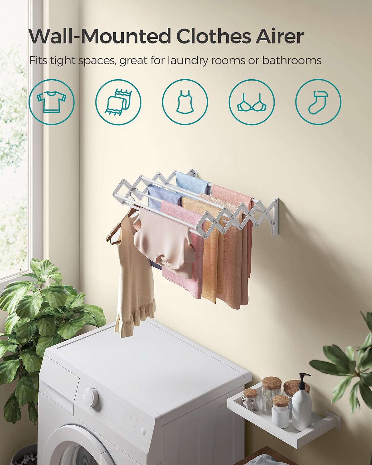 SONGMICS Clothes Drying Rack, Wall-Mounted, 9 Staggered Hanging Rods