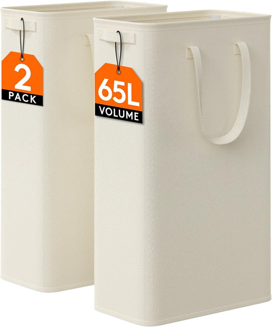 Lifewit 2 Pack Slim Laundry Hamper with Handles, 65L, White