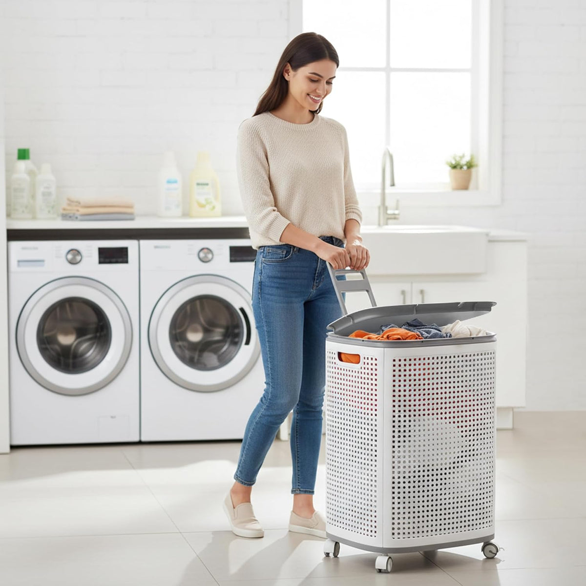 Sufdari 90L Laundry Basket with Wheels, Rolling Laundry Hamper with Lid and Handles, Plastic Rattan Clothes Organizer, Dirty Clothes Basket for Laundry Room, Bedroom, Dormitory Storage
