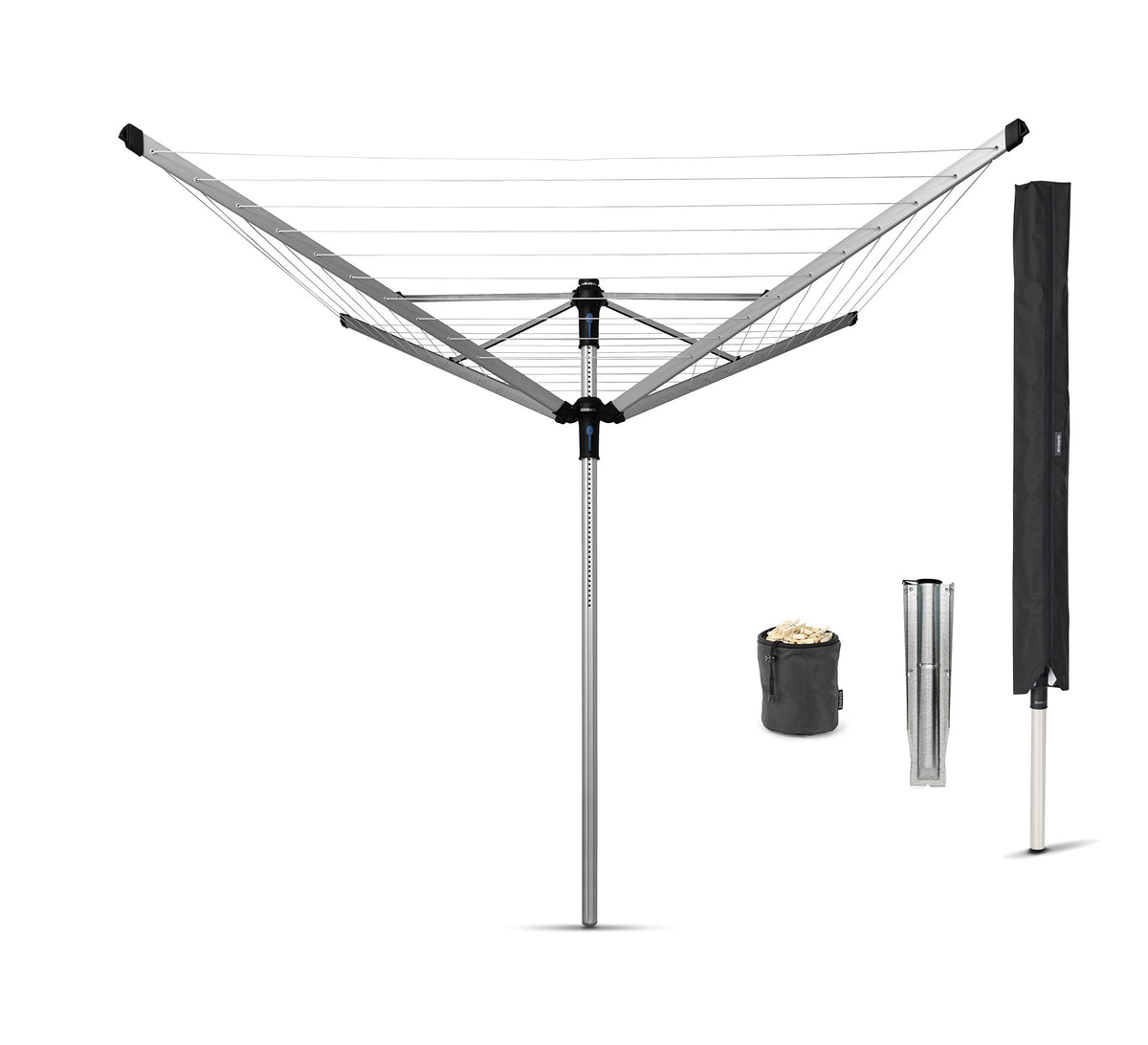 Brabantia Lift-O-Matic Outdoor 4 Arm Clothesline (197 ft/Ø 1.8") Height Adjustable, Folding Clothes Drying Rack + Ground Spike & Cover (Gray)