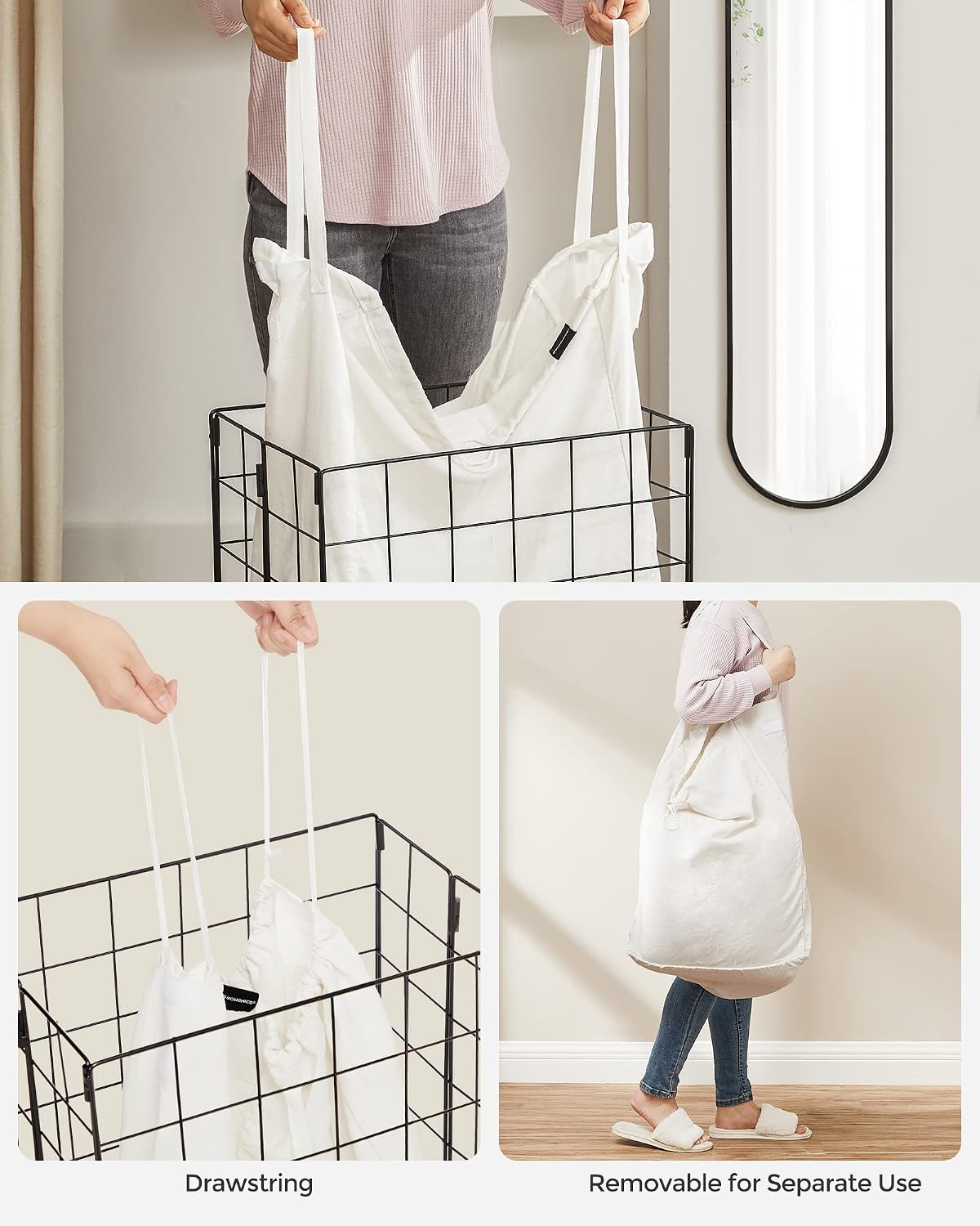 SONGMICS Laundry Hamper, 23.8 Gal. (90L) Laundry Basket, Collapsible Clothes Hamper, Black and White ULCB190W01