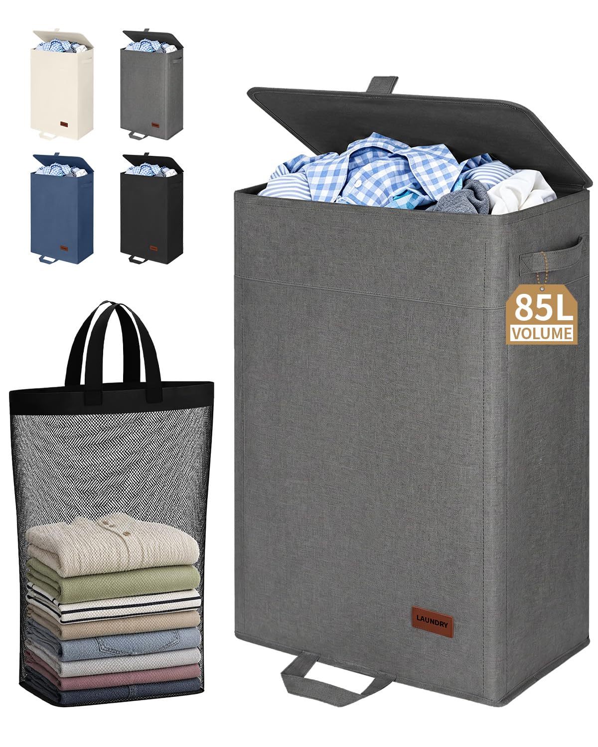 85L Laundry Hamper with Lid, Large Clothes Hamper, Black