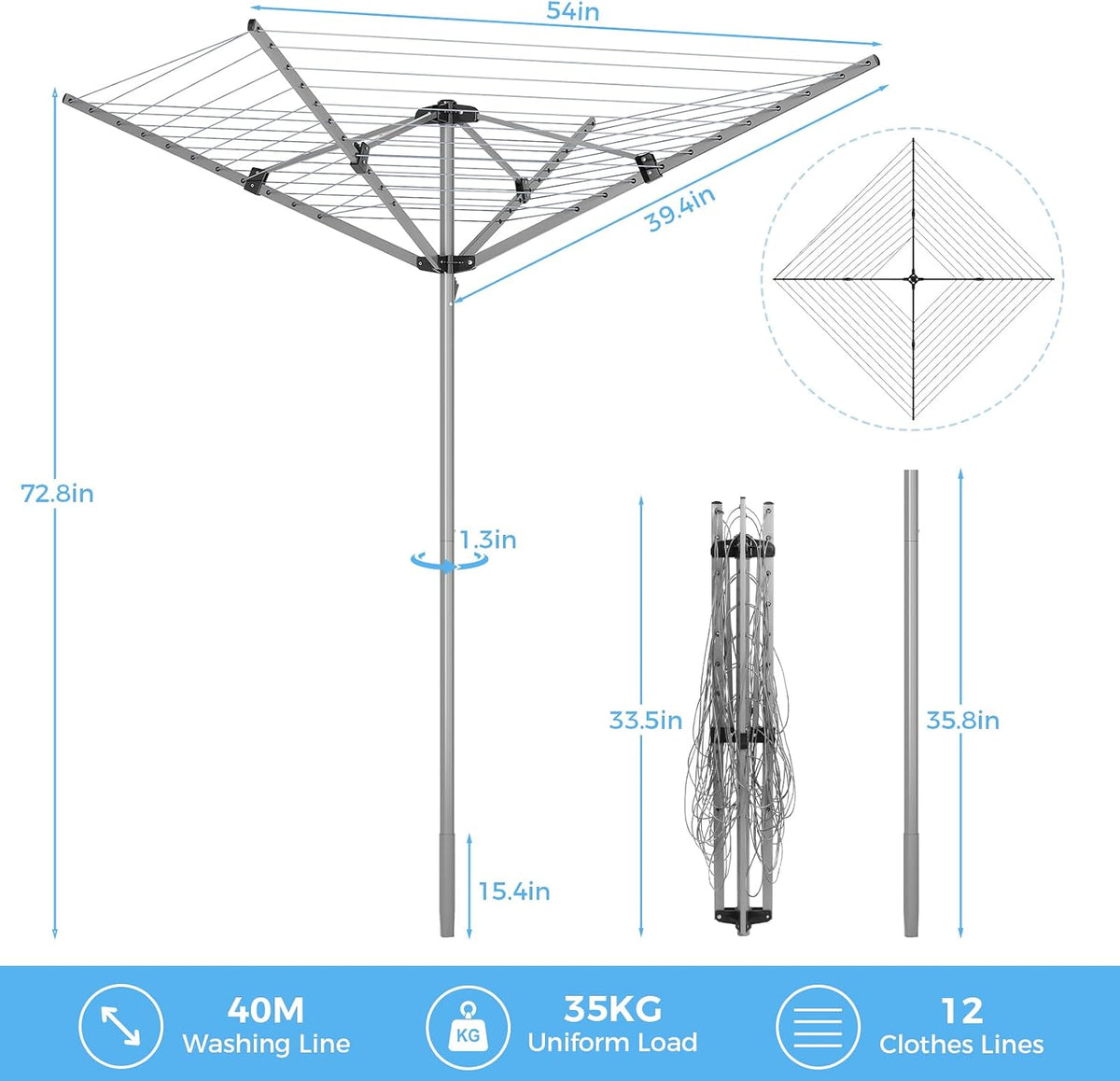 APEXCHASER Outdoor Clothes Drying Rack, 4-arm Umbrella Clothesline, 72.8" H