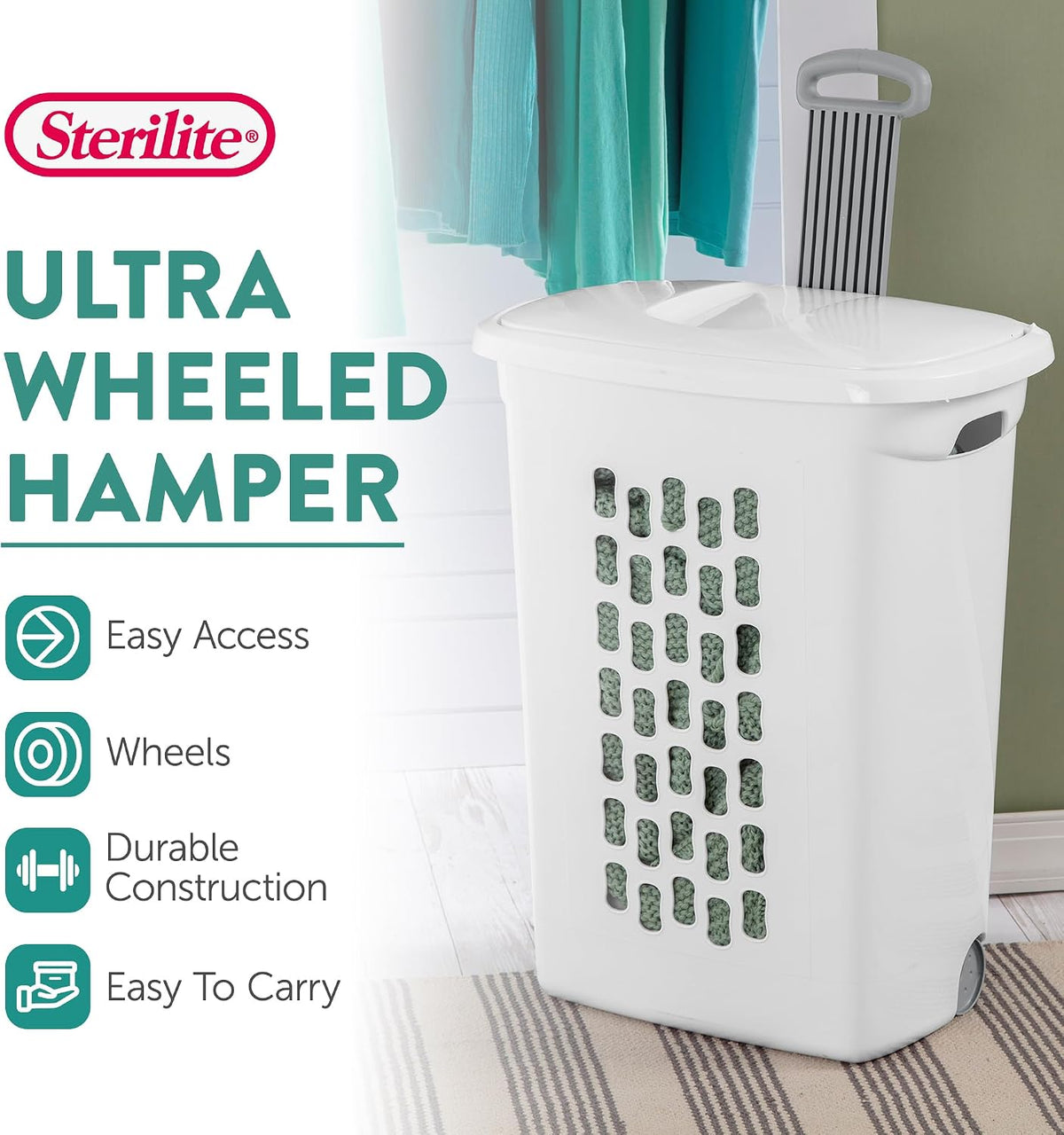 Sterilite Ultra Wheeled Hamper, Laundry Basket w/ Flip-Top Lid, 3-Pack, White