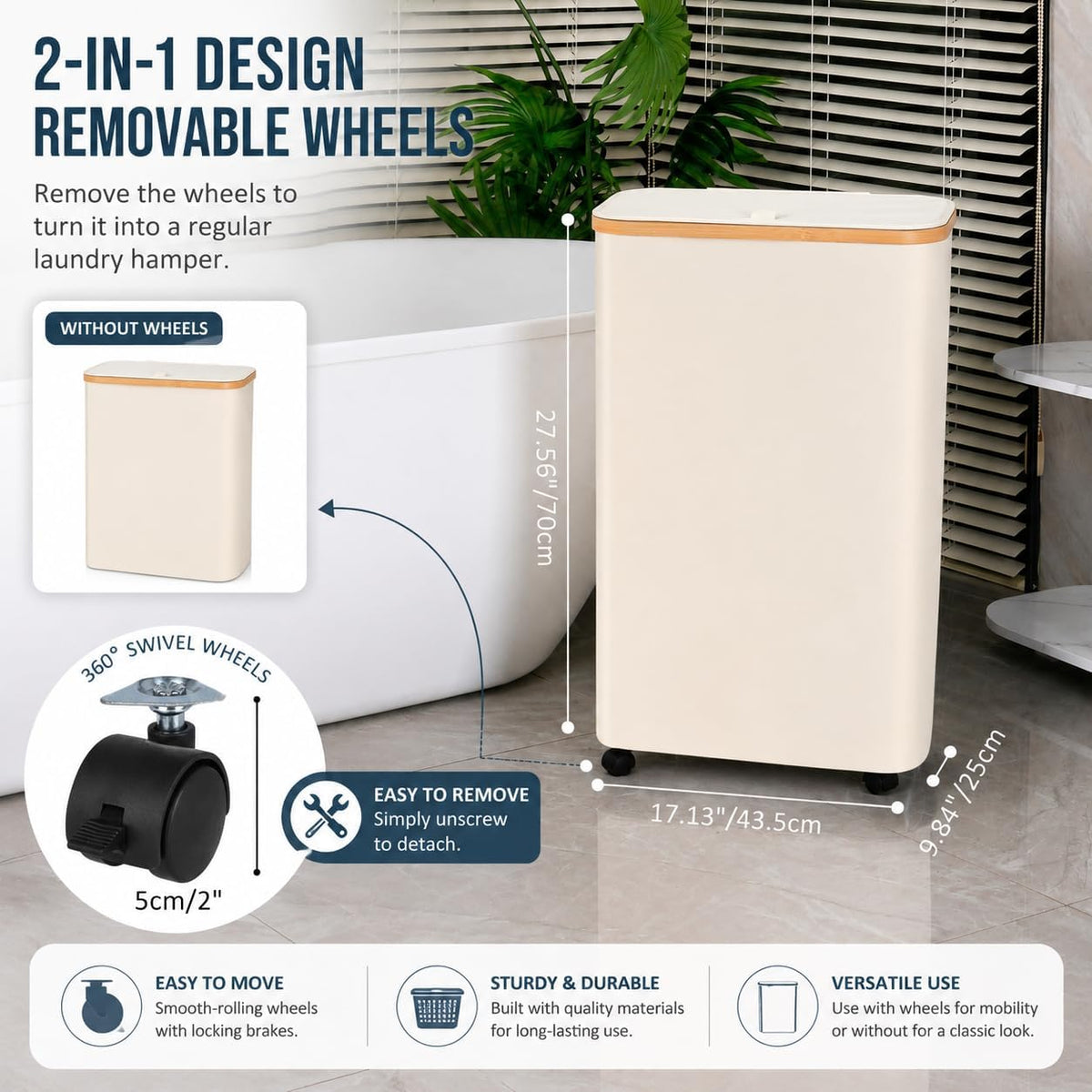 iEGrow Laundry Hamper with Lid,75L Hamper with Wheels & Removable Bag,Slim Laundry Basket on Wheels with Bamboo Frame,Foldable Rolling Clothes Hamper for Bedroom Dorm,Beige