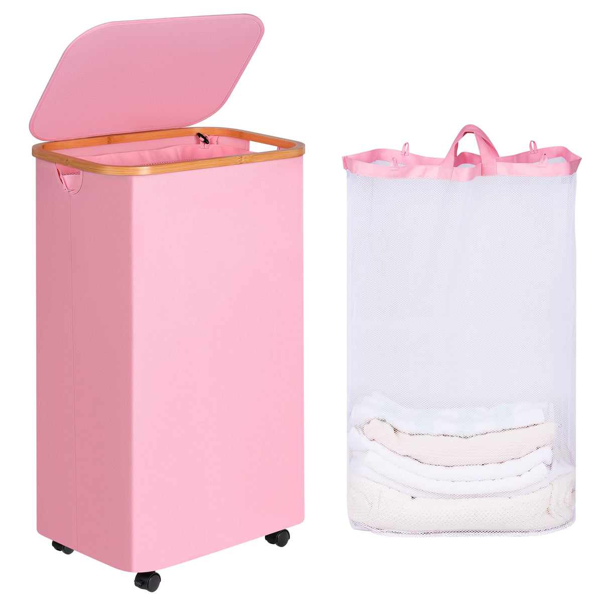 iEGrow Laundry Hamper with Lid,75L Hamper with Wheels & Removable Bag,Slim Laundry Basket on Wheels with Bamboo Frame,Foldable Rolling Clothes Hamper for Bedroom Dorm,Beige